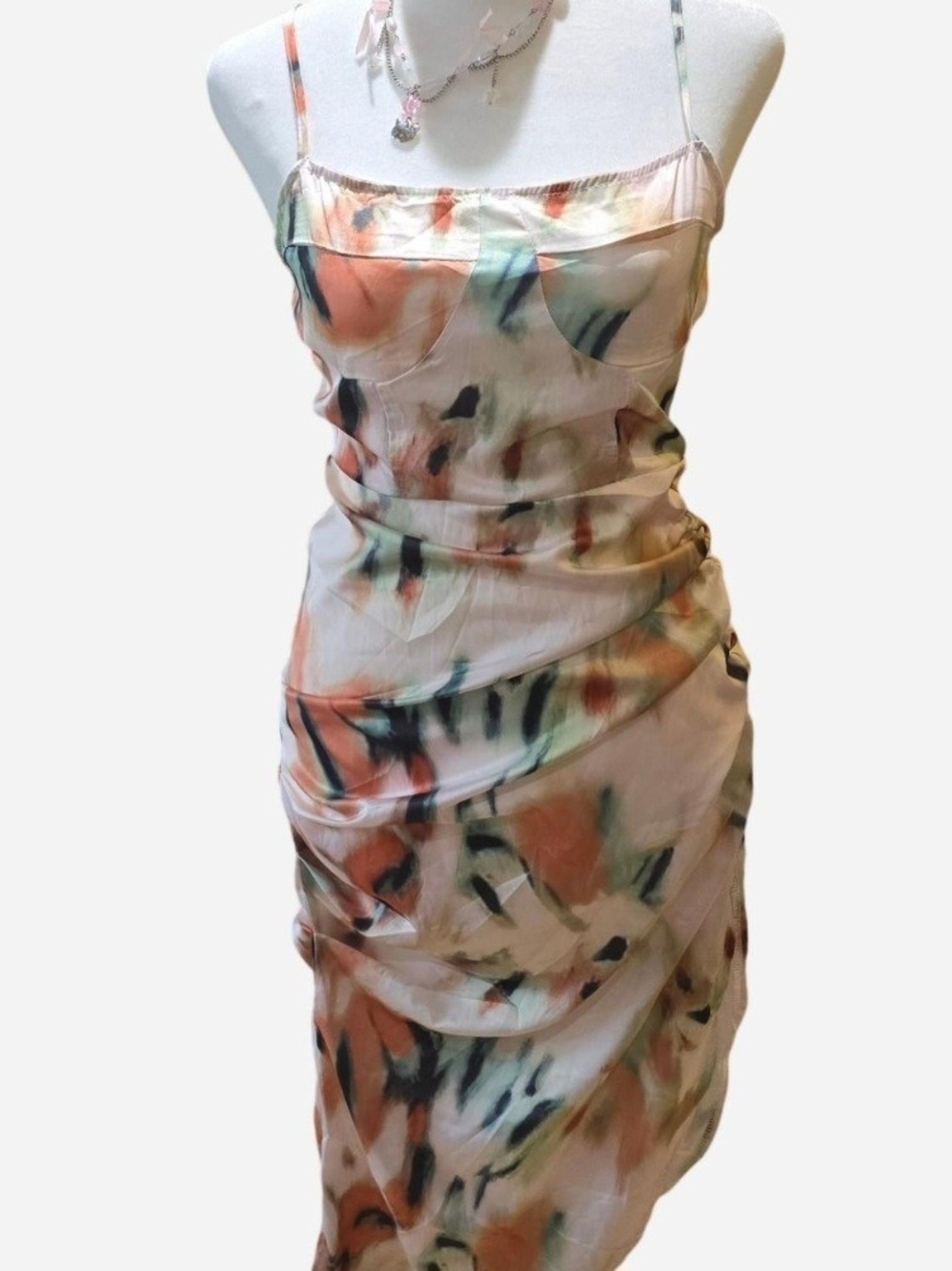 Asymmetrical Hem Abstract Watercolor Ruched Midi Dress Low Slit Baddie S